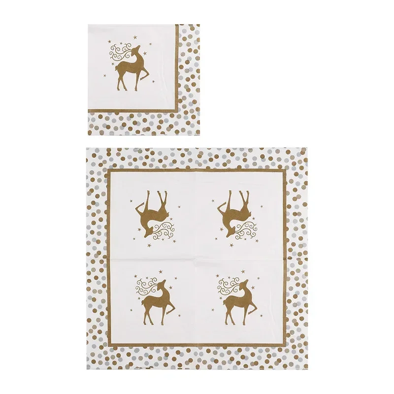 20pcs 33cm 2-Ply Christmas Napkins Golden Elk Gold Trimmed Polka Dot Printed White Paper Placemats Ambient Decorative Paper