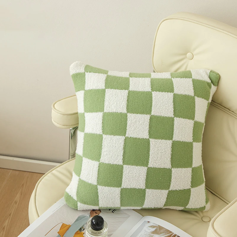 

Checkerboard Plaid Plush Cushion Cover Knitted Car Sofa Throw Pillow Cover Short Fleece Pillowcase Cushion for Sofa Bed Decor