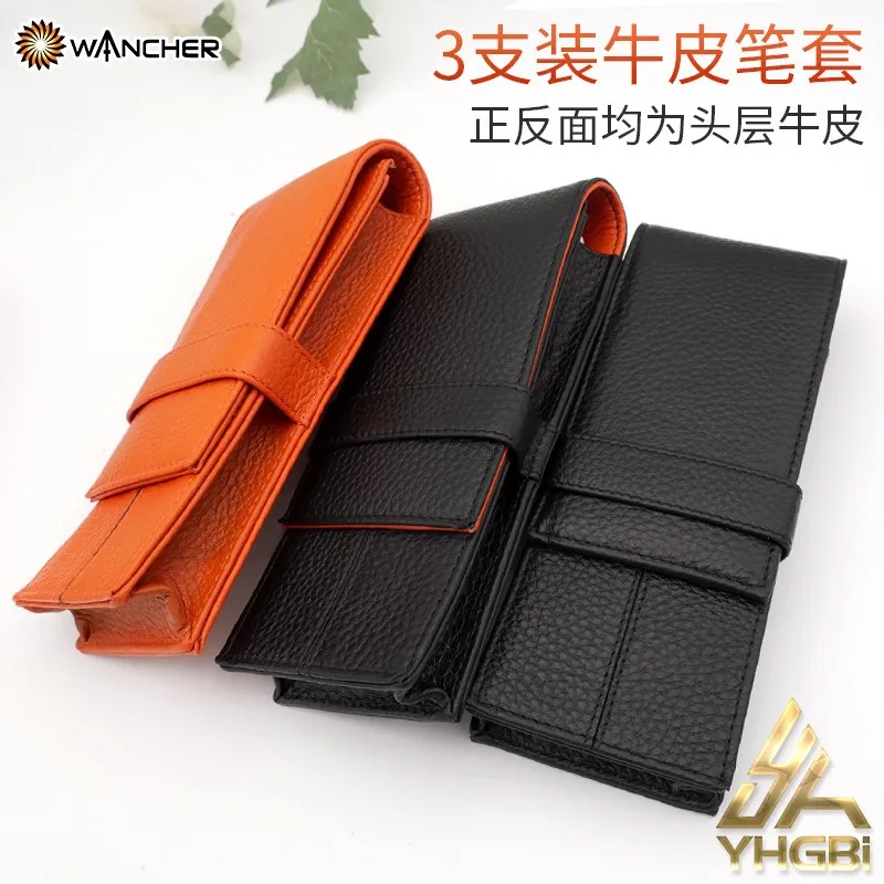 Wancher Japan Quality Orange Genuine Leather Fountain Pen Case 2 Pens Pouch 