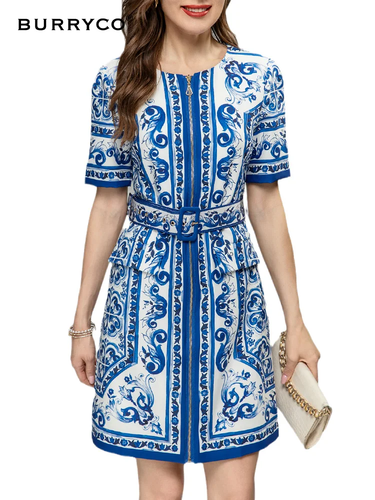 

BURRYCO Women's New 2023 Summer European Station Luxury Blue and white porcelain Belt Printed Dress
