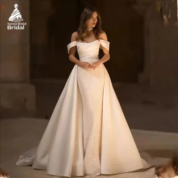 أورورا الساحرة قبالة الكتف الطية لامعة مطرز فساتين الزفاف حورية البحر مع قطار للانفصال حسب الطلب 2