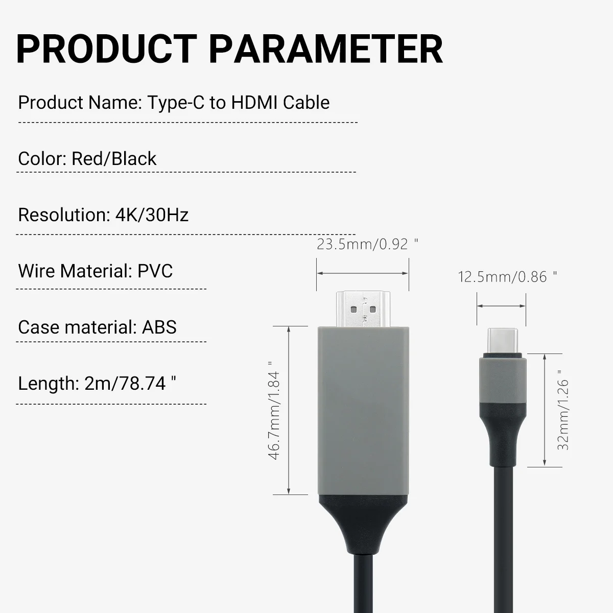 맥북, 아이폰, 아이패드, 노트북용 고해상도 C타입-HDTV 어댑터, 4K 30Hz USB C-HDMI 케이블, 플러그 앤 플레이, 2M, 78. 74in, 6.56Ft