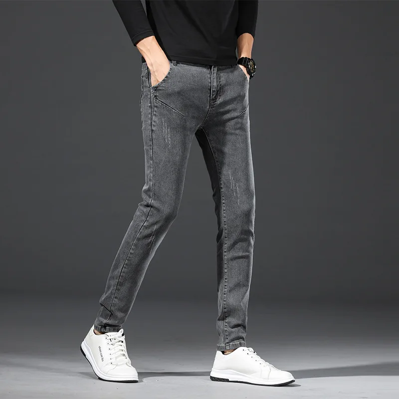 

Spring Autumn New Denim Men Grey Elastic Leggings Korean Fashion Slim Men Jeans