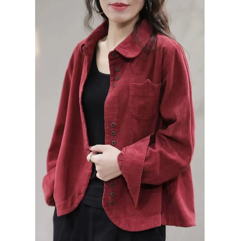 New Spring Upscale Trendy Corduroy Shirt with Solid Color Lapel Versatile Loose Fashion Casual Slim Women's Long Sleeve Top