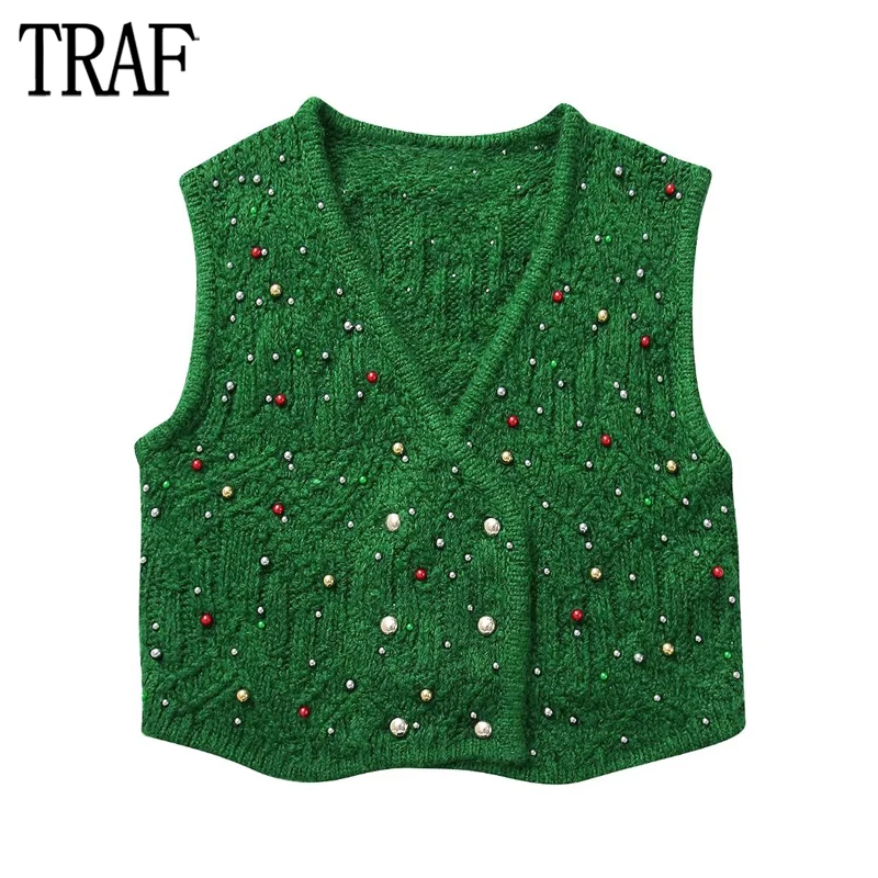 

TRAF 2024 Faux Pearls Vests for Women Green Knit Sleeveless Vest Woman Button Cropped Sweater Women Waistcoat Casual Knitwears