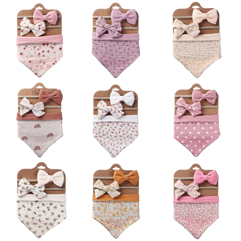 

3Pcs/Set Cotton Baby Bib Bow Headband Adjustable Button for TRIANGLE Saliva Towel Print Infant Boy Girl Feeding Burp Cloth
