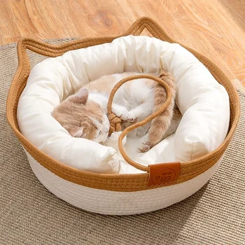 애완동물 고양이 매트 개 침대 소파, 수제 직조, 편안한 둥지 바구니, 방수 탈착식 쿠션, 슬리핑 하우스, 4 계절