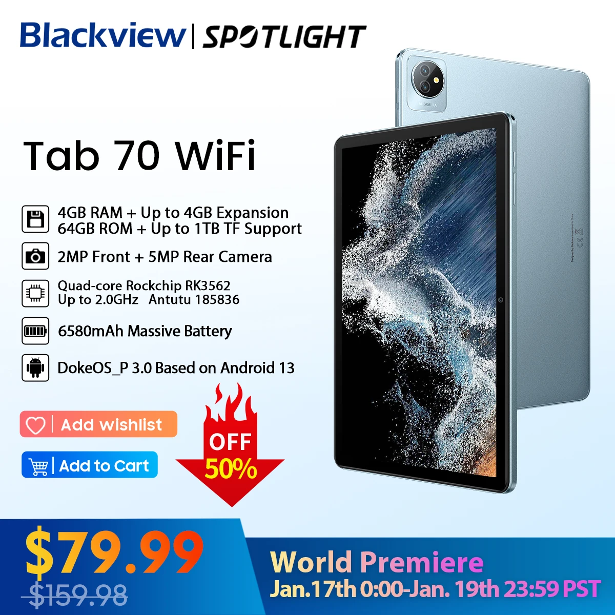 [World Premeire] Blackview Tab 70 WIFI Android 13 Tablet 4GB 64GB 10.1-inch  HD Display 6580mAh 2.4G/5G wifi tablets PC