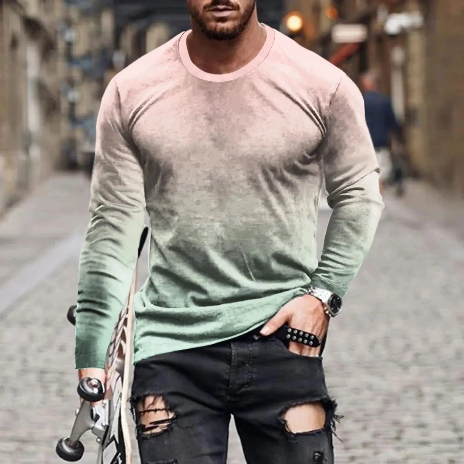 

New Man Spring And Autumn Retro Simple Solid Color 3d Printing Street Trend Personality Plus Size Casual O Collar Long Sleeve