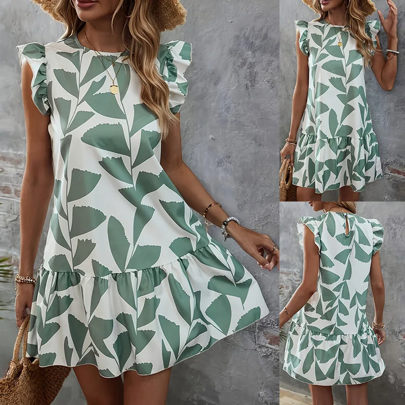 

Женское платье с цветочным принтом, оборками и V-образным вырезом