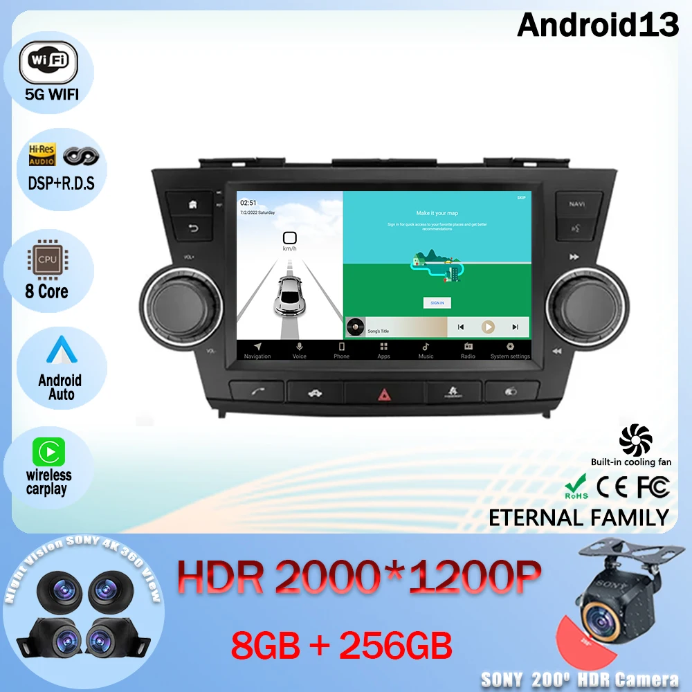 

Android 13 для Toyota Highlander 2 XU40 2007 - 2013 сенсорный GPS-навигатор для автомобиля видео умный плеер 5G WIFI BT 4G LET CPU QLED