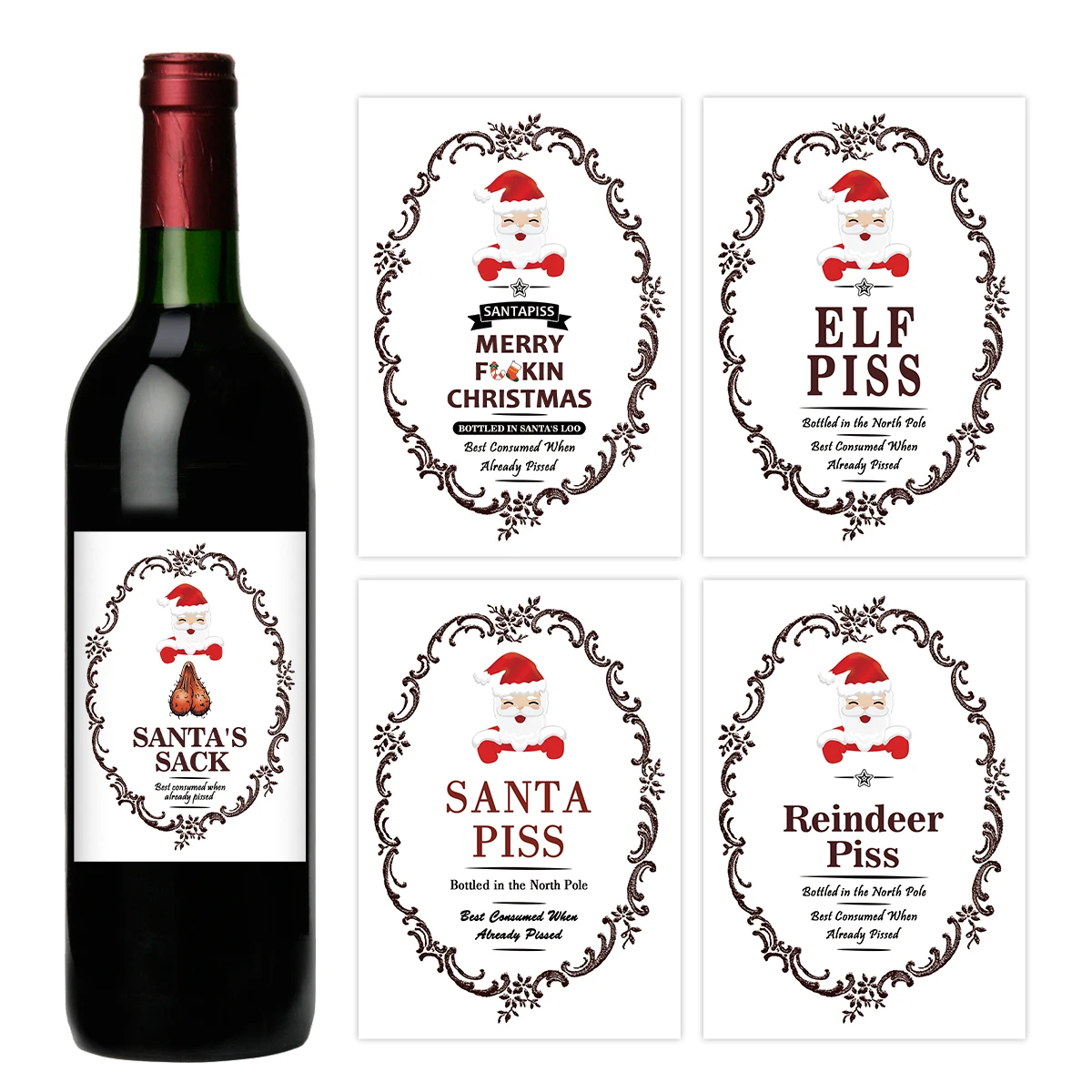 5-Pack Funny Santa Claus Christmas Wine Bottle Stickers – Self-Adhesive Holiday Wine La... - SKU SWBS1640 - UGI Packaging