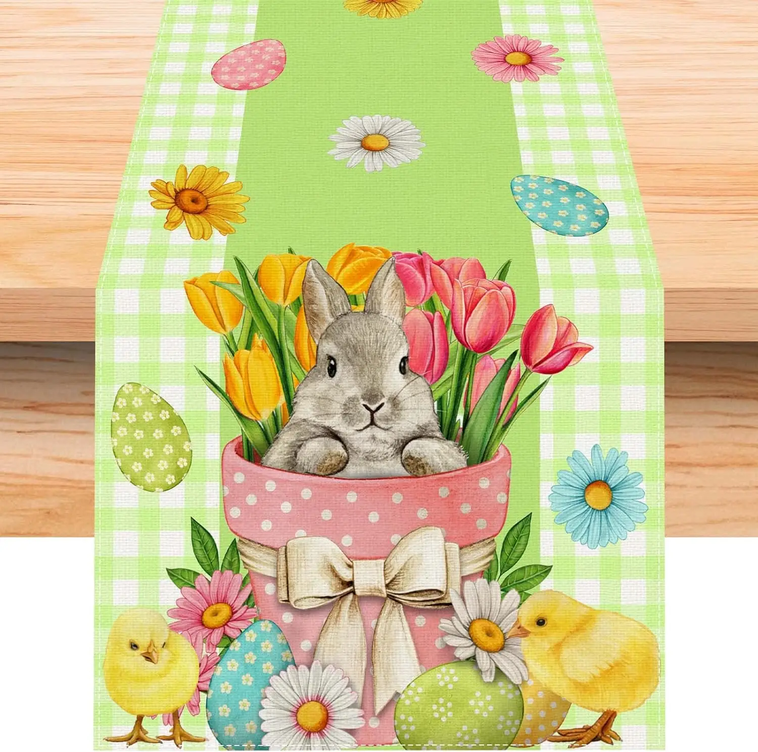 Uova Di Pasqua Coniglietto Pulcino Margherita Tulipano Floreale Lino Runner Verde E Bianco Buffalo Check Plaid Pasqua Decor Home Dining Decor