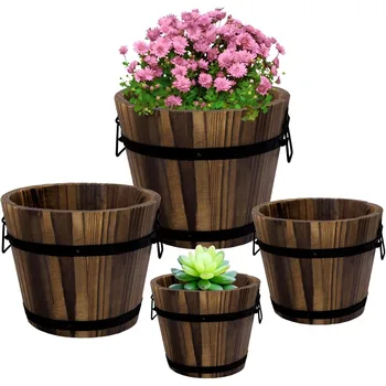 4 Pack Wooden Whiskey Barrel Planters 1