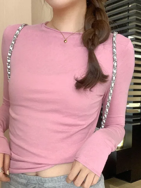 2024 Spring Autumn T shirt Women Tops Solid Slim Fit Long Sleeve O Neck Tshirts Female Casual Streetwear High Quality Base Tees 4