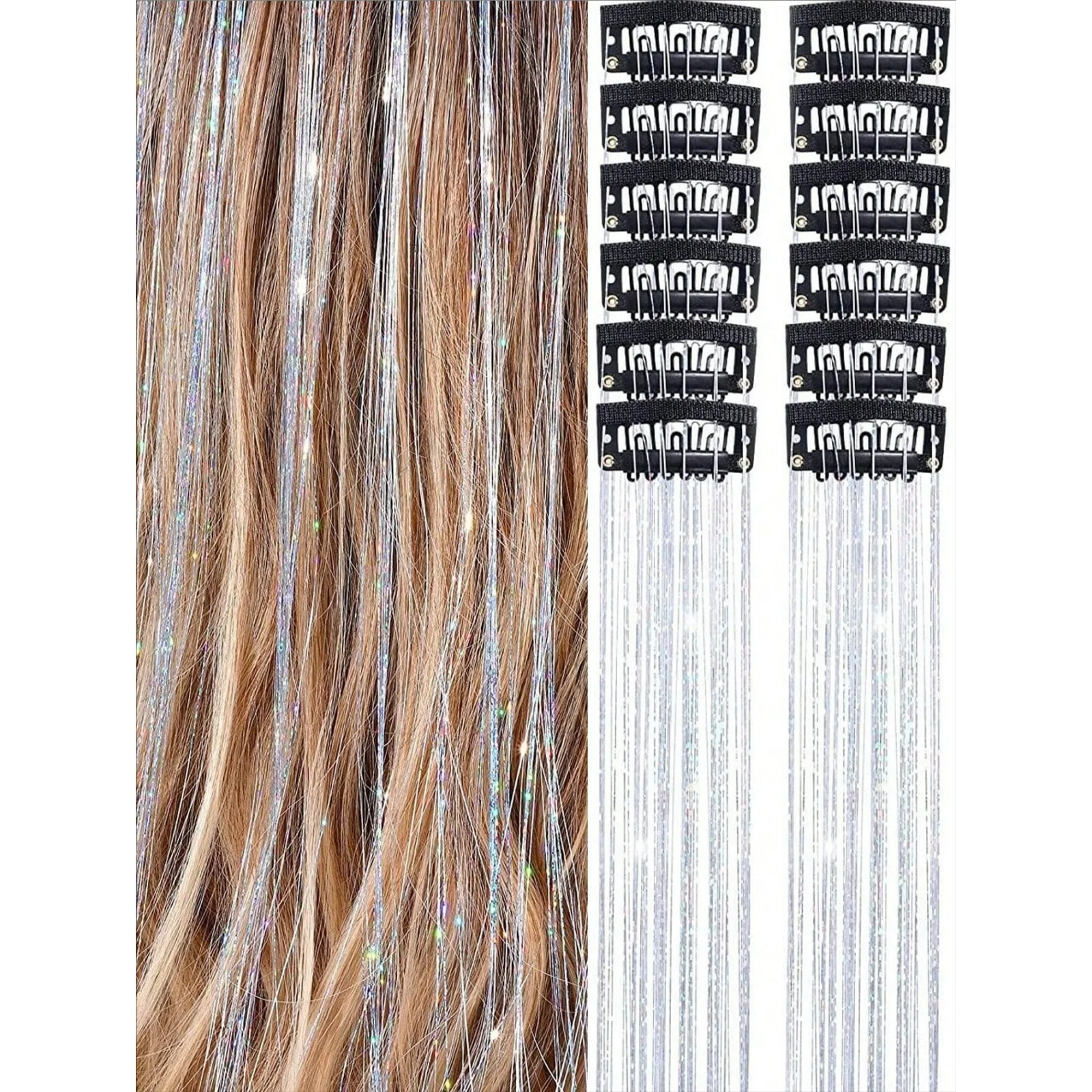 12 Stück Clip-In-Haarspangen aus mittlerem glattem Haar, synthetische Haarspangen, Mode, Party, Weihnachtsgeschenk, Mädchen, blondes Haar, Seiden-Haarspangen, bunt – Detail 1