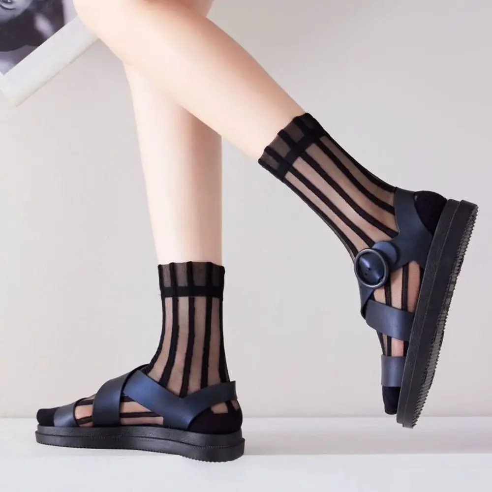 

Модные ультратонкие летние прозрачные женские Чулочные изделия в японском стиле, стеклянные шелковые носки, носки средней длины, полосатые носки