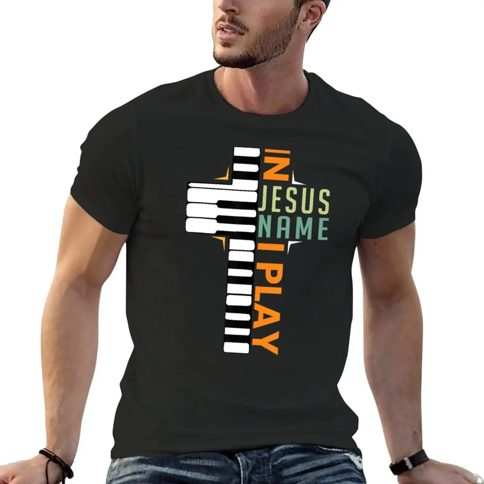 

In Jesus Name I Play Piano, Christian Musician Saying T-shirt customs for a boy Men's cotton t-shirt