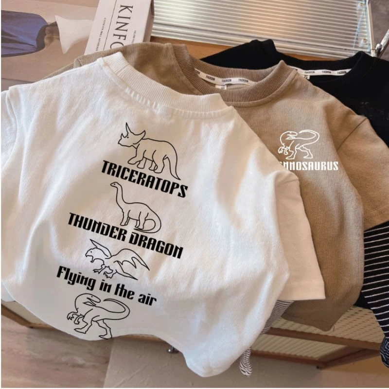 2025 Spring and Autumn Children's Long Sleeve Tees Fake Two Piece Girl's Sweatershirt 1-7Y Boys Casual Loose Pullover Dino Tops 6