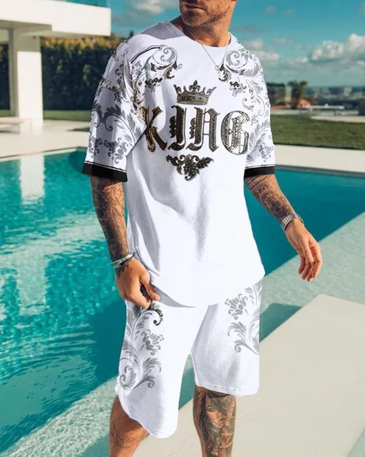 Men Set K King Letter Print T-shirt Sets: Embrace Casual Elegance this Summer!