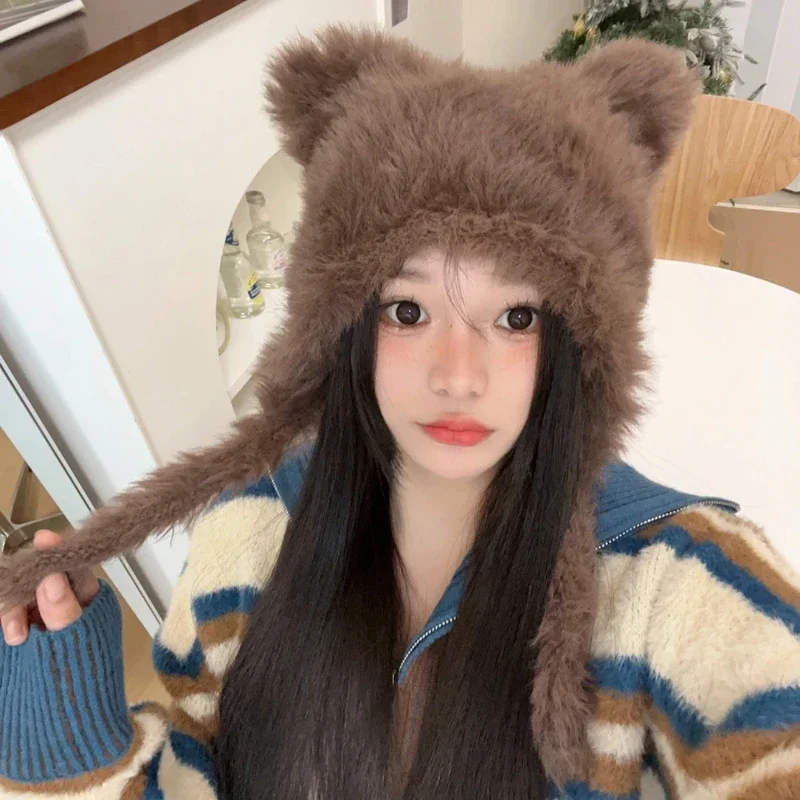 Halloween Winter Plush Cute Cat Ears Beanies Women Pullover Hats Korean Ear Protection Strap Beanies Hat with Earflap Y2k Girl 3