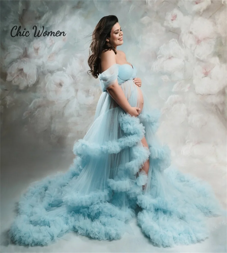 

Maternity Photography Evening Dress Blue Pink Boho Pregnant Prom Dress For Baby Shower Robe Off Shoulder Tulle Formal Party Gown