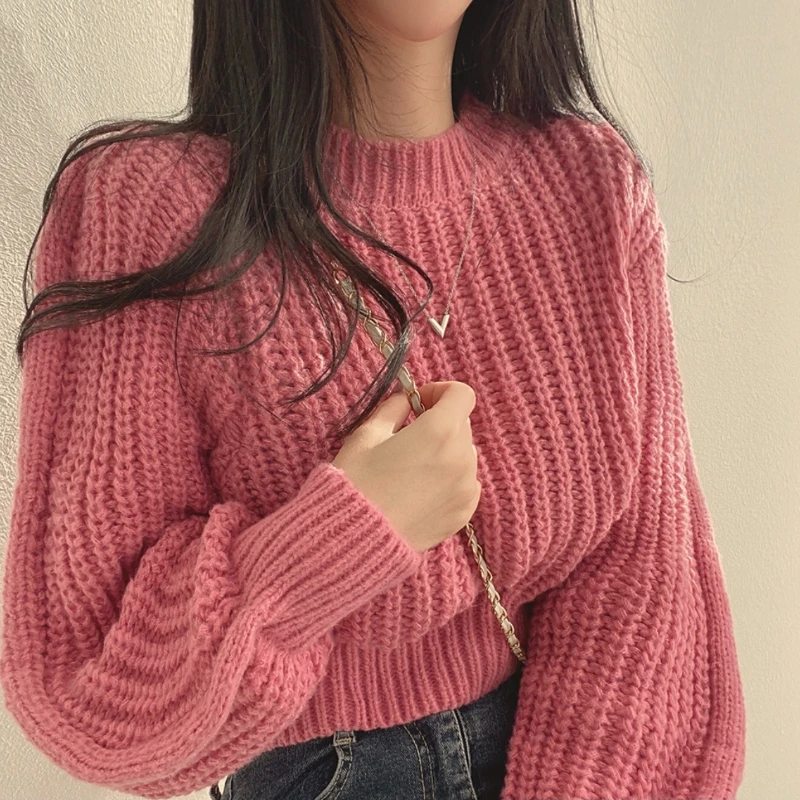 New Women's Autumn and Winter Long Sleeve Sweater Fashion Short Knitwear Crew Neck Lantern Sleeve Top