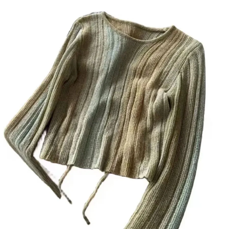 

Gradient Tie-Dye Sunken Stripe Knitted Long Sleeve Crew Neck Split Top Sweater Thin Inner Match Design Sweater for Women