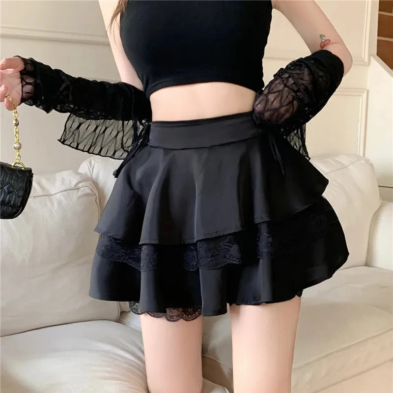 Y2K Sweet Solid Women Mini Skirt Summer High Waist Lace Patchwork Ladies Ball Gown Fashion All Match Ruffles Female Skirt 6