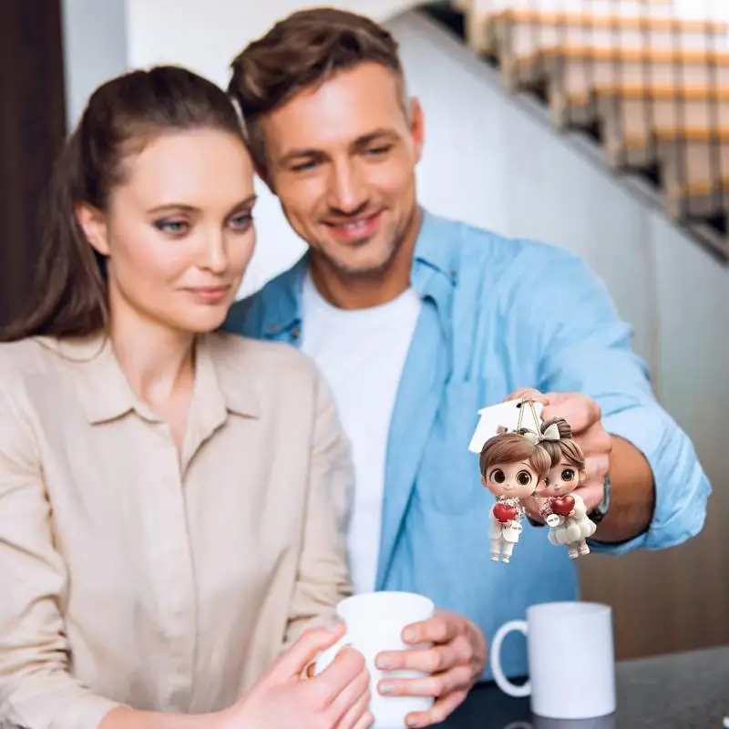 2pcs Cute Cartoon Acrylic Couples Car Decoration Accessories Romantic Figurines 2D Flat Marriage Keepsake Keychain Pendant 5