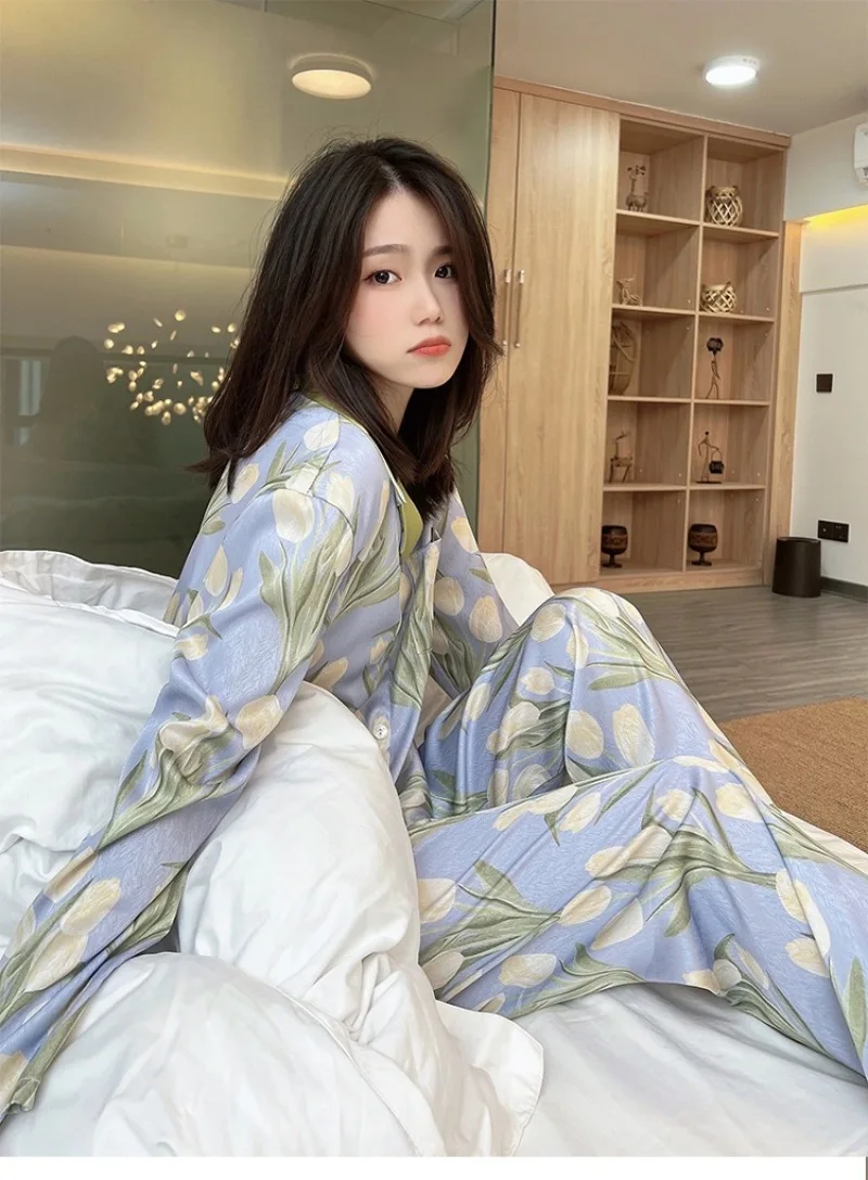 Women's 2 Piece Pajamas Sets Floral Print Pijama Faux Silk Satin Lapel Pyjama Female Sleepwear LongSleeve Shirt Pants Homewear