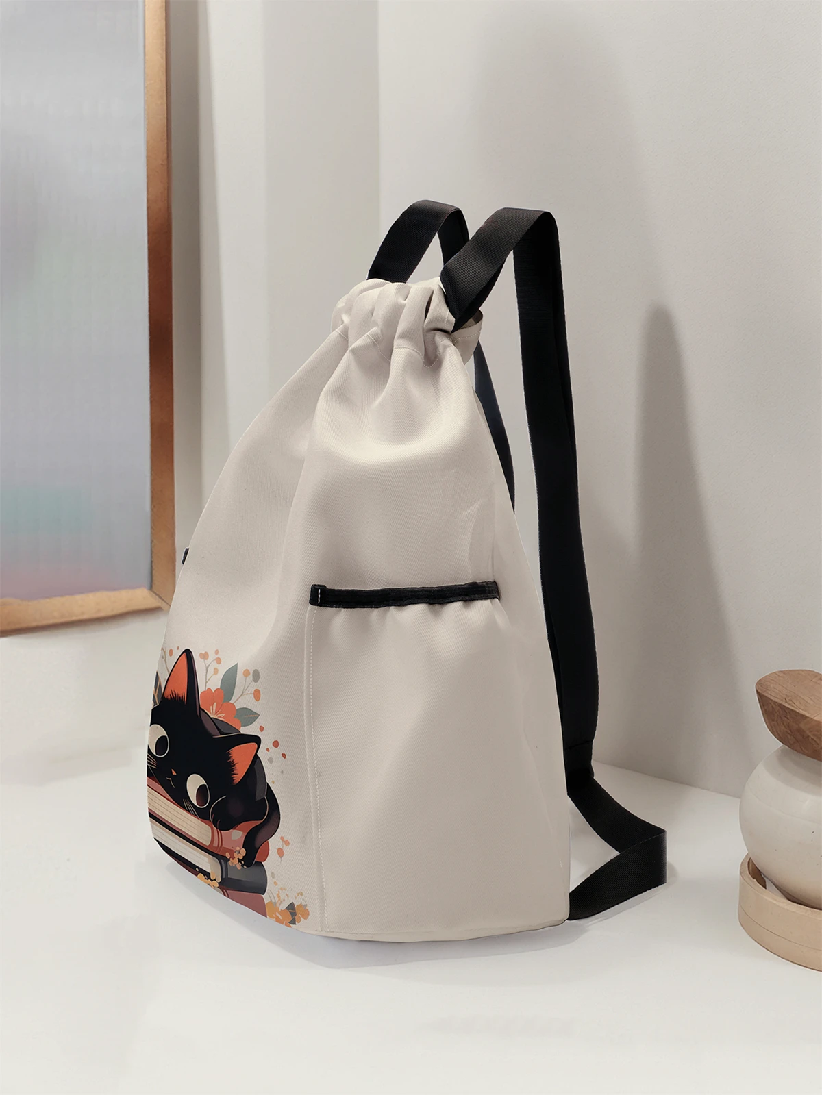 Cute Cat Pattern Printed Drawstring Backpack - Large Capacity Durable Fitness Bag, Sports Beach Backpack