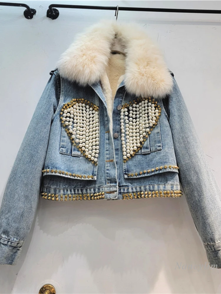 

2023 Winter New Heavy Industry Love Beaded Liner Removable Fleece Thickened Real Fox Fur Collar Denim Cotton Coat Women Jackets
