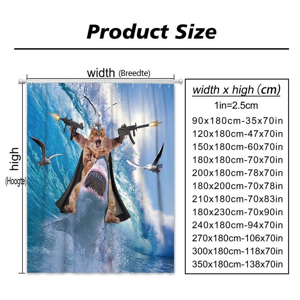 Funny Shower Curtain Cute Sea Cat Riding Shark Whale Cartoon Animal Creativity Kids Bathroom Decor Polyester Fabric Cloth Hooks