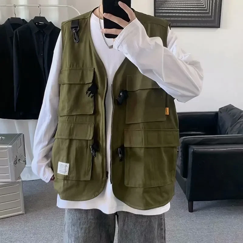 남성용 카고 조끼, 한국 패션, 올매치 빈티지 스트리트웨어, 멀티 포켓, 데일리 쿨 힙합 용수철 코트, 트렌디 의류