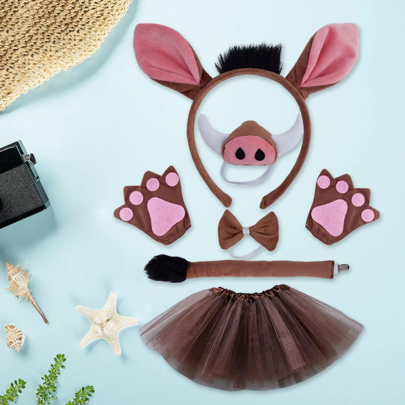 

Pig Costume Set Animal Fancy Dress up Hair Loop Pig Nose Cosplay Cartoon Gloves Outfit Bowtie Headband for Christmas Halloween