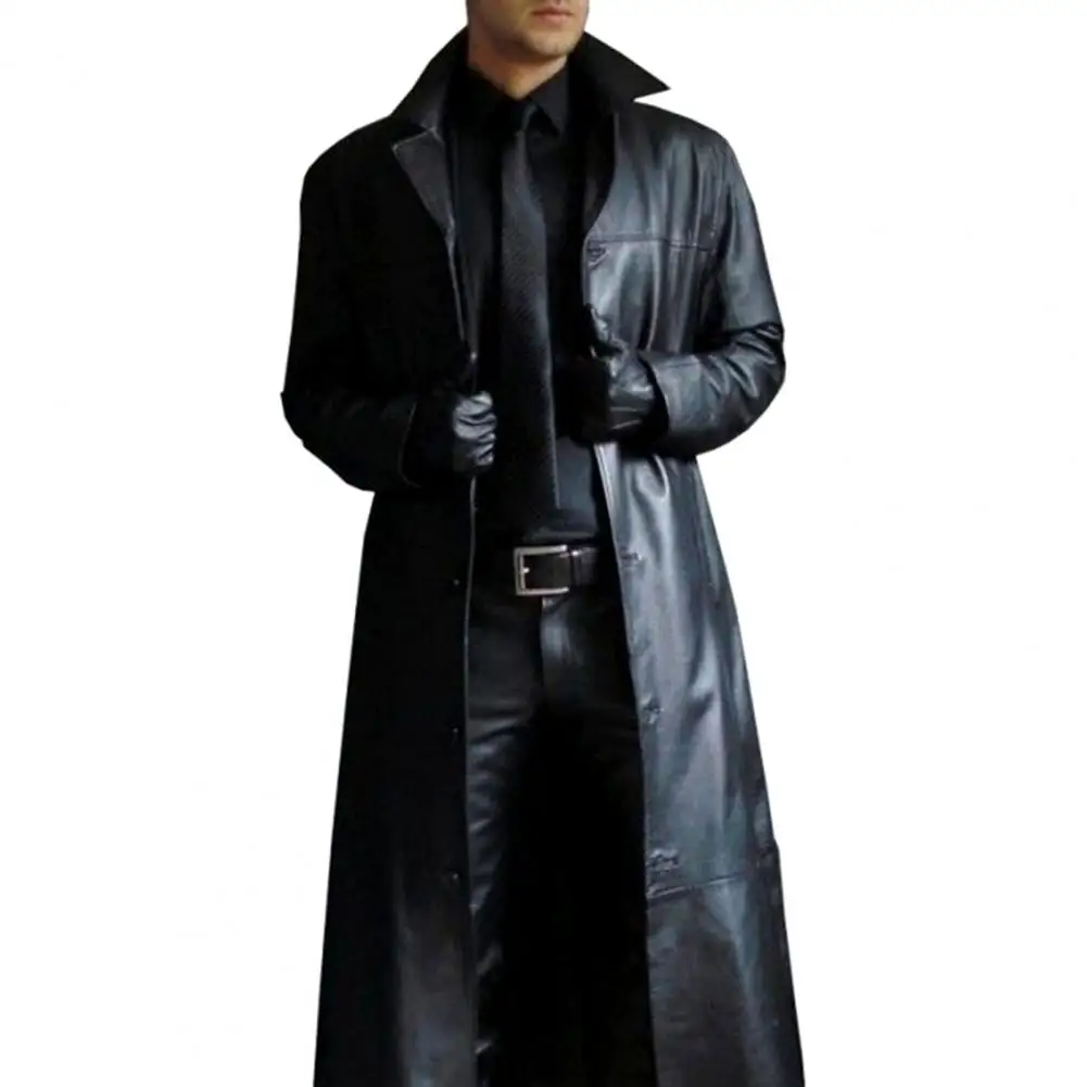 

Men Jacket Turn-down Collar Faux Leather Slim Long Sleeve Trench Coat jaqueta masculina