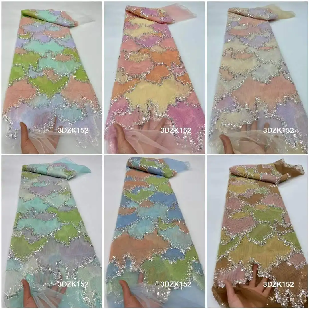 African Embroidery Beaded Lace Fabric Nigerian Sequins Lace Fabric For Wedding Party