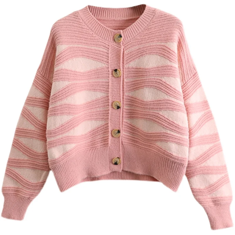 Women Long Sleeve Wavy Stripe Cardigan Sweater