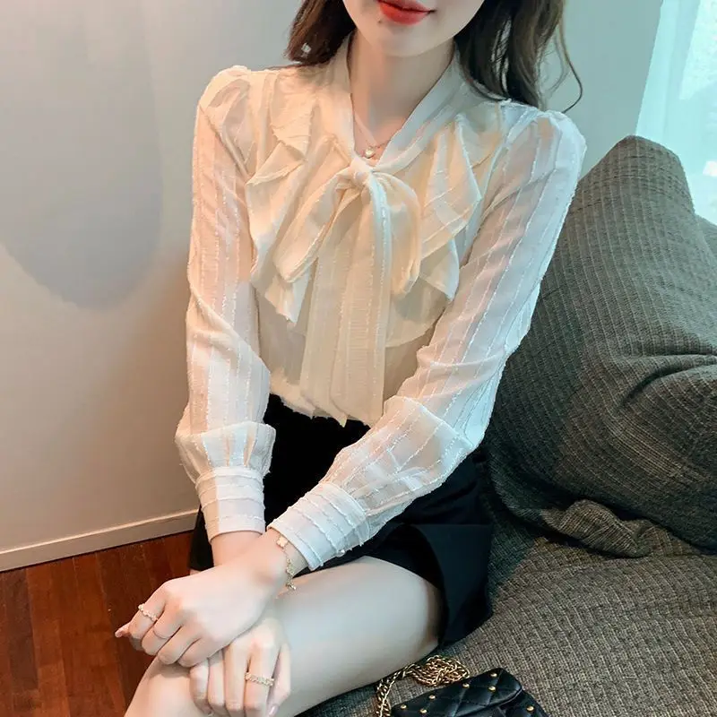 

Fashion Temperament Women's Clothing Autumn and Winter Versatile Simplicity V-neck Bow Long Sleeve Solid Color Chiffon Shirt