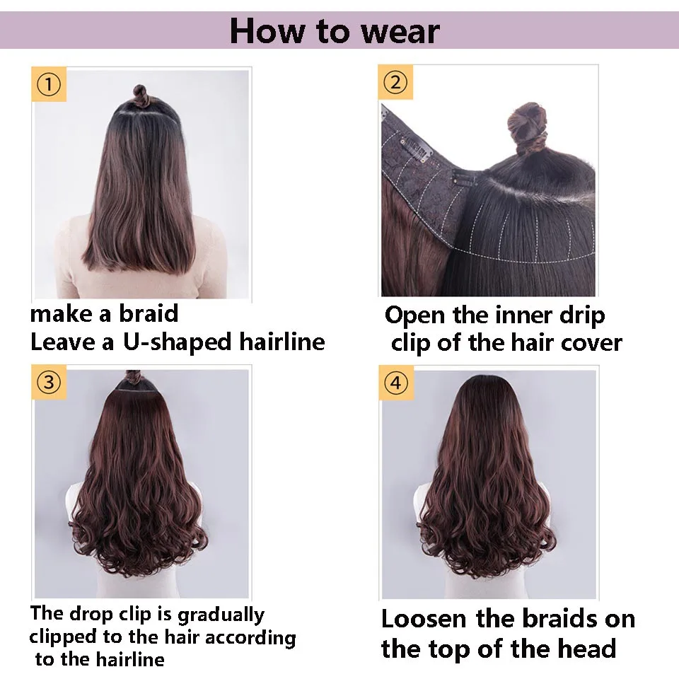 H&STAR 18Inch Long Synthetic Curly Wavy 4Clip One Piece V-shaped Clip in Hair Extensions Black Brown  Hairpieces for Women