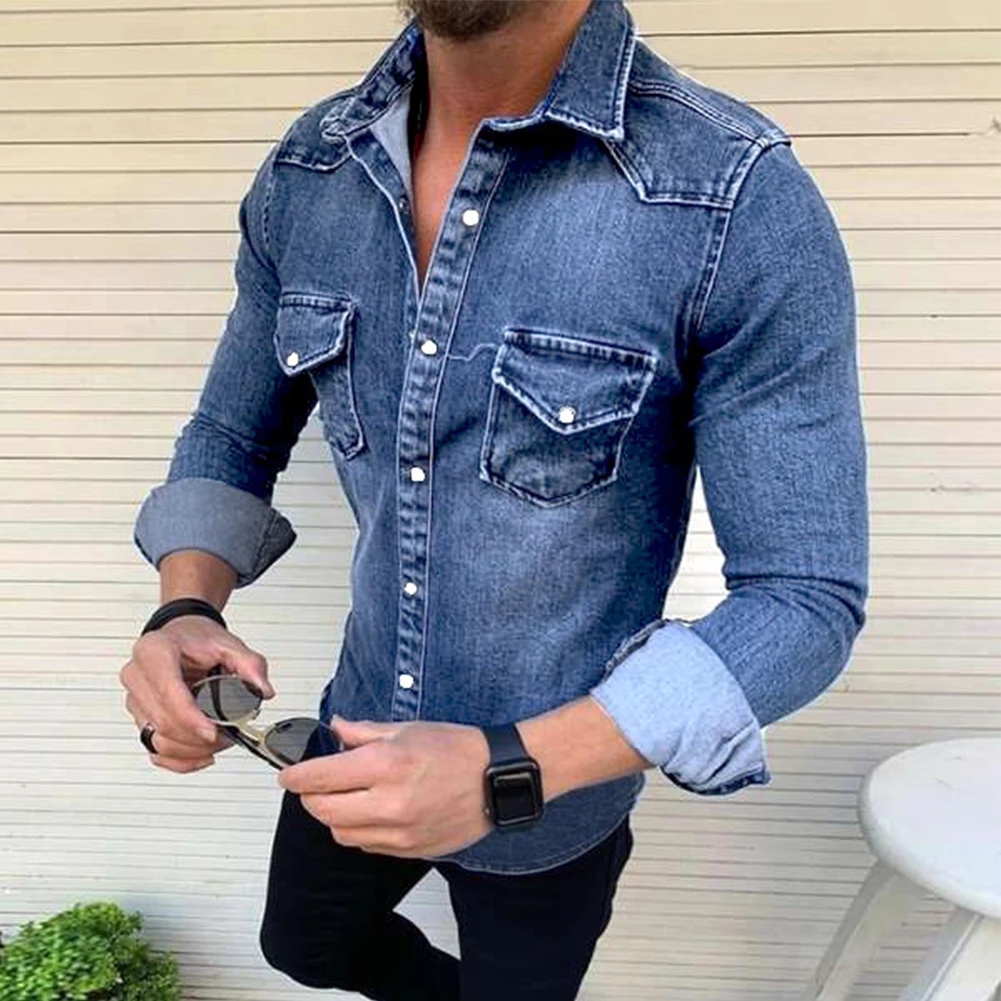 

High Quality New Fashion Mens Casual Slim Shirt Jeans Long Sleeve Tops Chest Pocket Snap Button Down Tees Soft Male Shirts