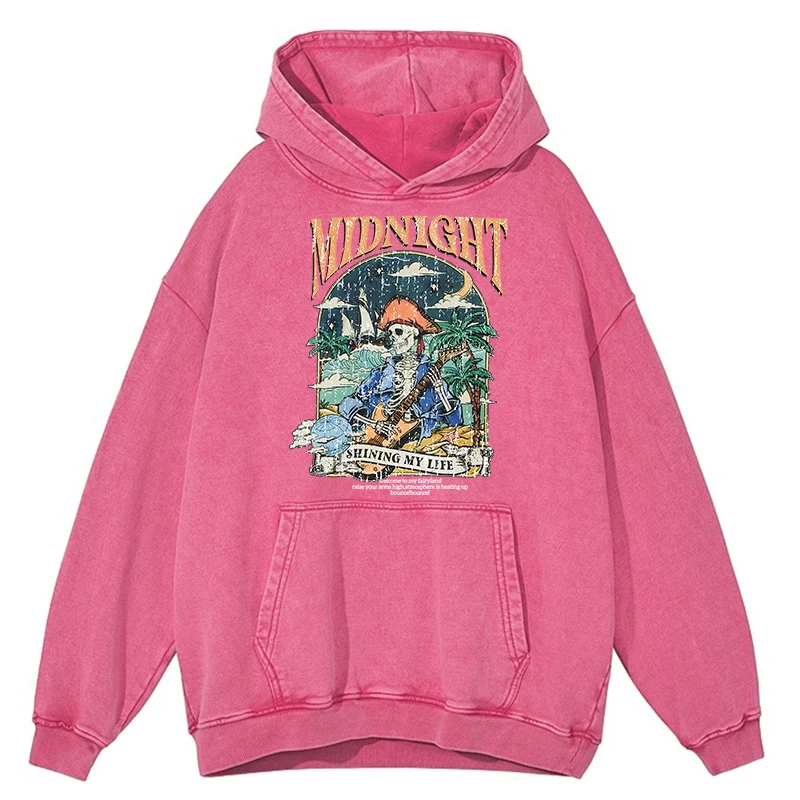 Sudadera con capucha estilo retro desgastado con estampado de esqueleto de vaquero y música Shining My Life para hombre, ropa de hip hop, 100 % algodón, informal