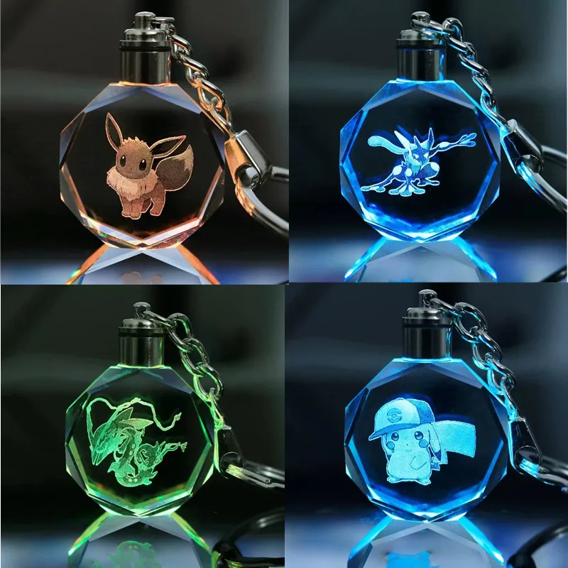 

Pokemon Cartoons Anime Figure Pikachu Charizard Mewtwo Eevee Crystal Collection Luminous Keychain Pendant Model Kids Toy Gift