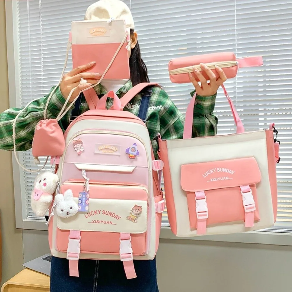 5 Pcs New Large Capacity Backpack Set Breathable Multifunctional Student Schoolbag Buckle Pencil Bag College 3