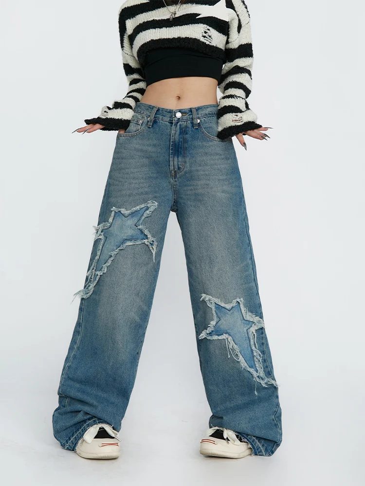 QWEEK Y2K Vintage Blue Jeans Women Street Grunge Star Patchwork Denim Pants Oversized Harajuku Retro Distressed Baggy Trousers