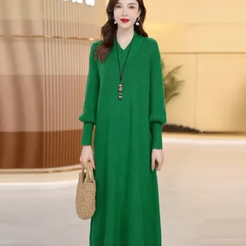 Mom's Autumn And Winter Thick Knitted Wool Dress Wool Sweater Slim High-End Knee Length Long Sleeved Dress Loose Plus Size XXXL