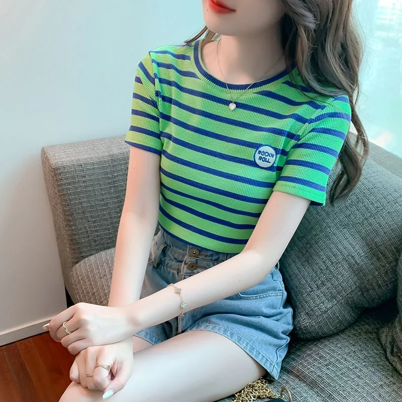 

O Neck Stripe Contrast Color Patchwork Tops 2023 Summer New Streetwear Gothic Tees Y2k Clothes Short Sleeve Slim Women T-shirts