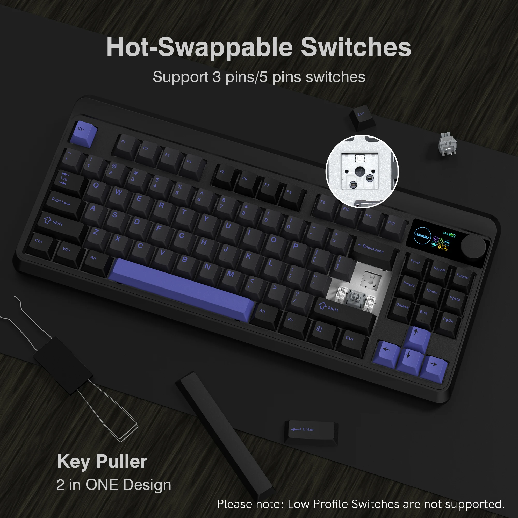 M87 pro retro preto roxo botão de exibição oled 75% tkl tri-mode