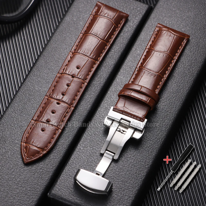 Premium Waterproof Cowhide Leather Watch Strap with Metal Butterfly Buckle